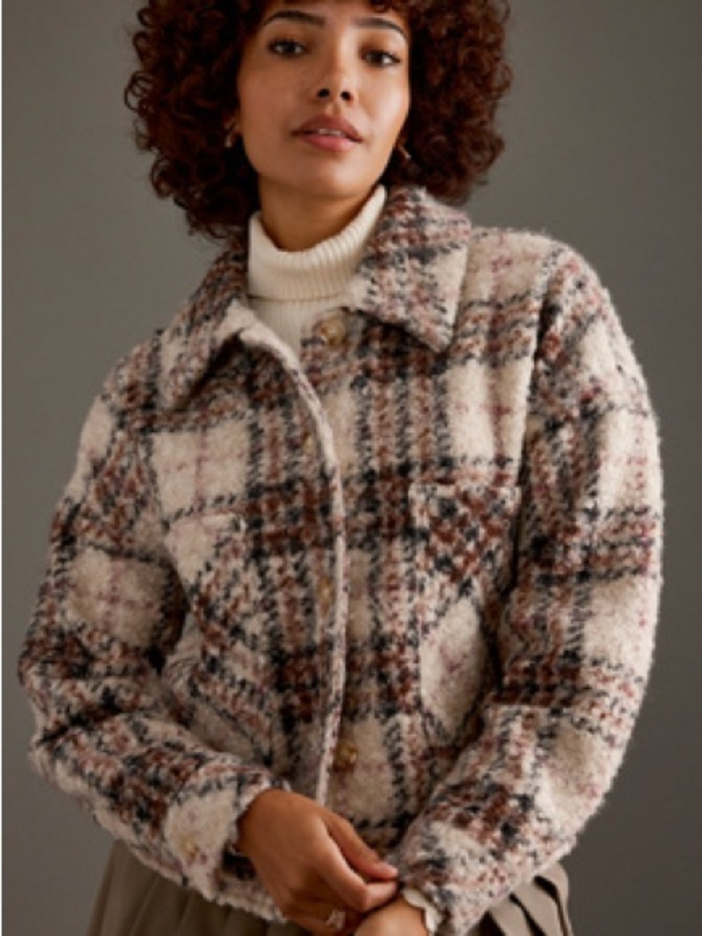 Greylin Cream Plaid Teddy Jacket with Brown & Gray Checks
